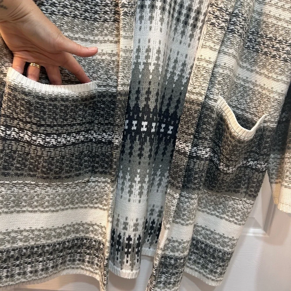 Lucky Brand Gray Striped Shawl Collar Cardigan Women Sz L‎ Boho Cozycore Comfort